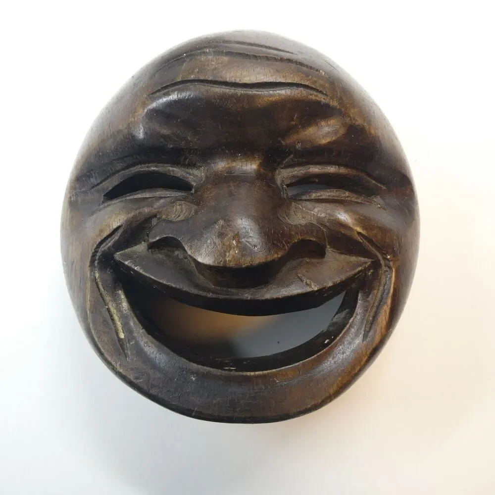 Hand Carved Wooden Face Bowl Mask Lid Vintage MCM Tribal Open Mouth